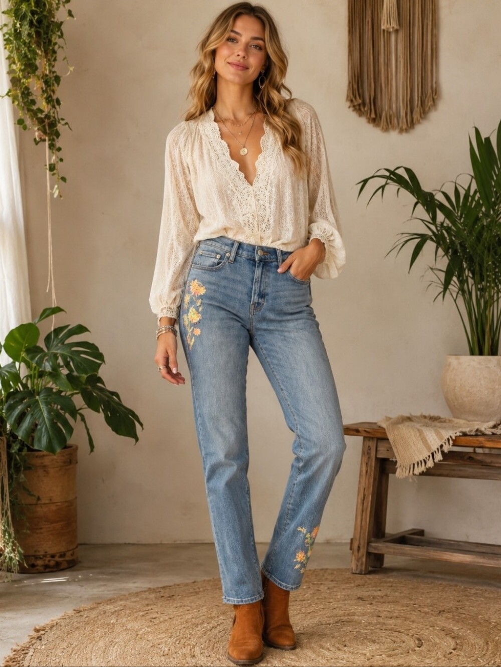 Lucky Brand Floral Embroidered Jeans Size 8/29 Straight Leg Boho
